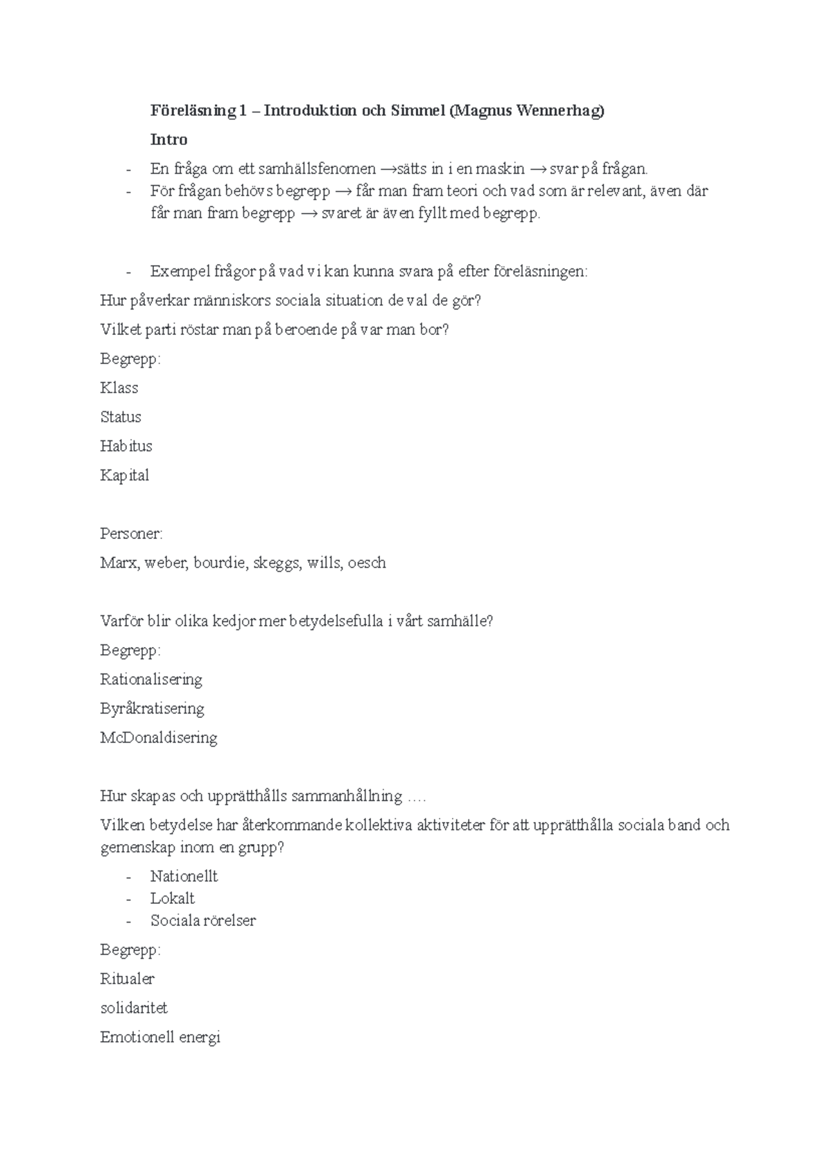 DK 1 Sociologi B: Introduktion till Simmel och Sociala Fenomen - Studocu