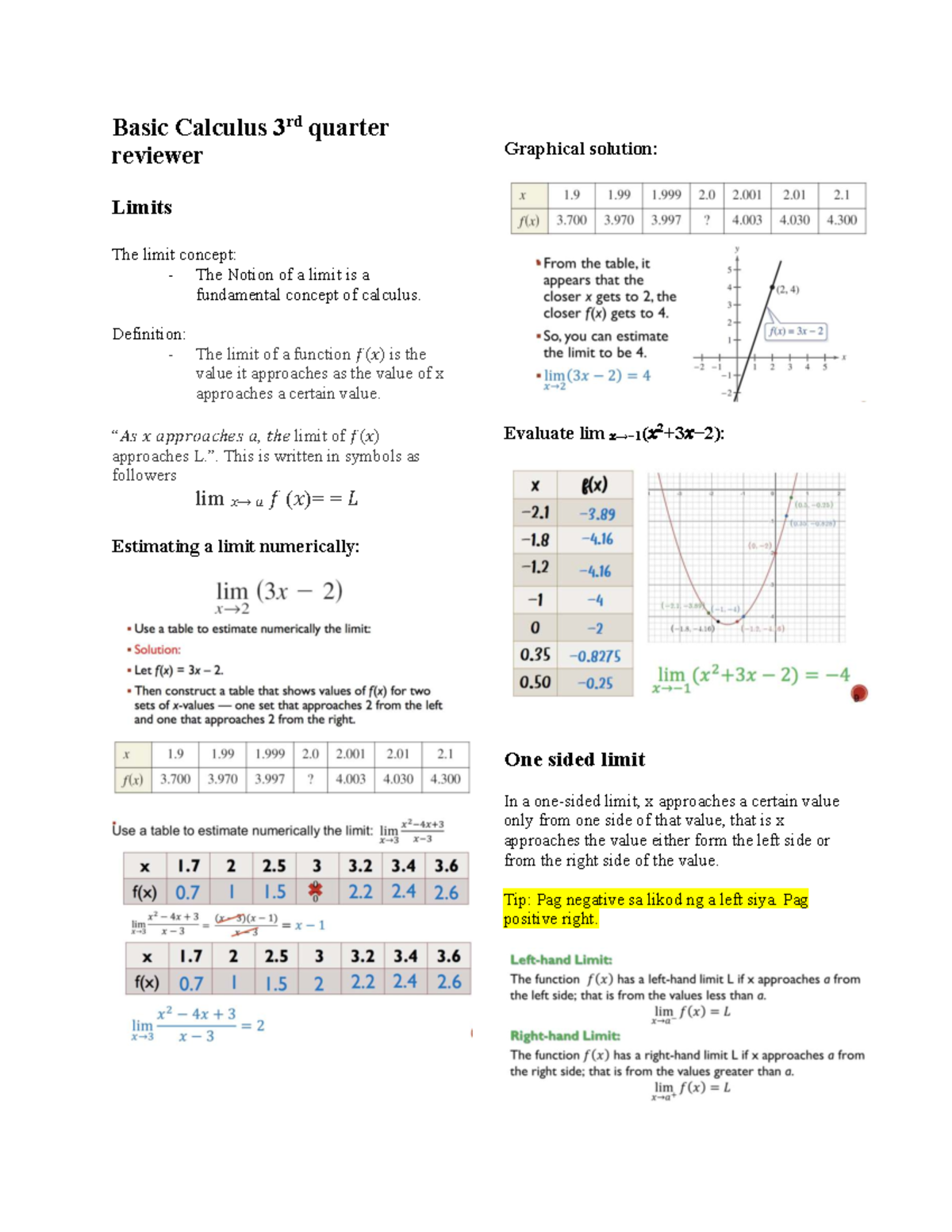 Basic Calculus 3rd Quarter Reviewer: Understanding Limits - Studocu