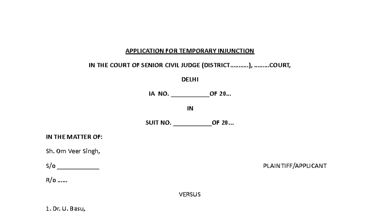 APPLICATION FOR TEMPORARY INJUNCTION IN CIVIL COURT - IA NO. 20 - Studocu