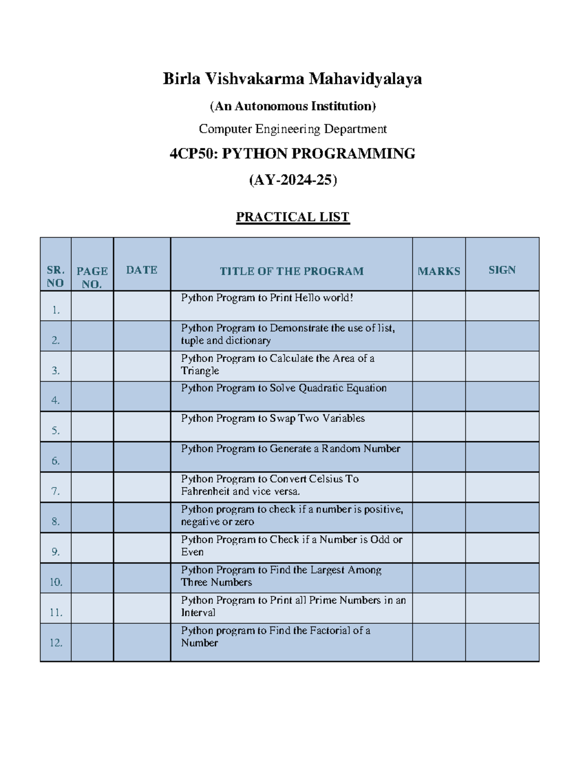 4CP50 Python Programming Practical List for AY 2024-25 - Studocu