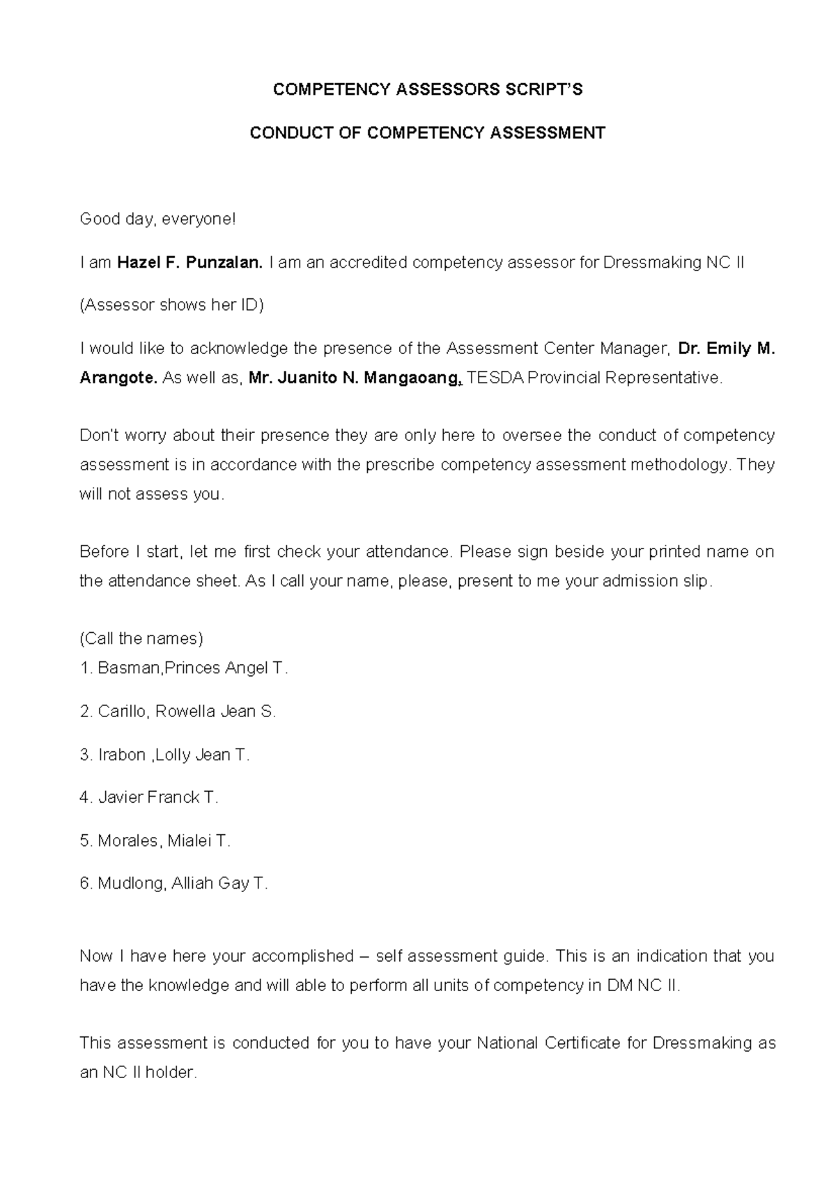 Assessor's Script - COMPETENCY ASSESSORS SCRIPT’S CONDUCT OF COMPETENCY ...
