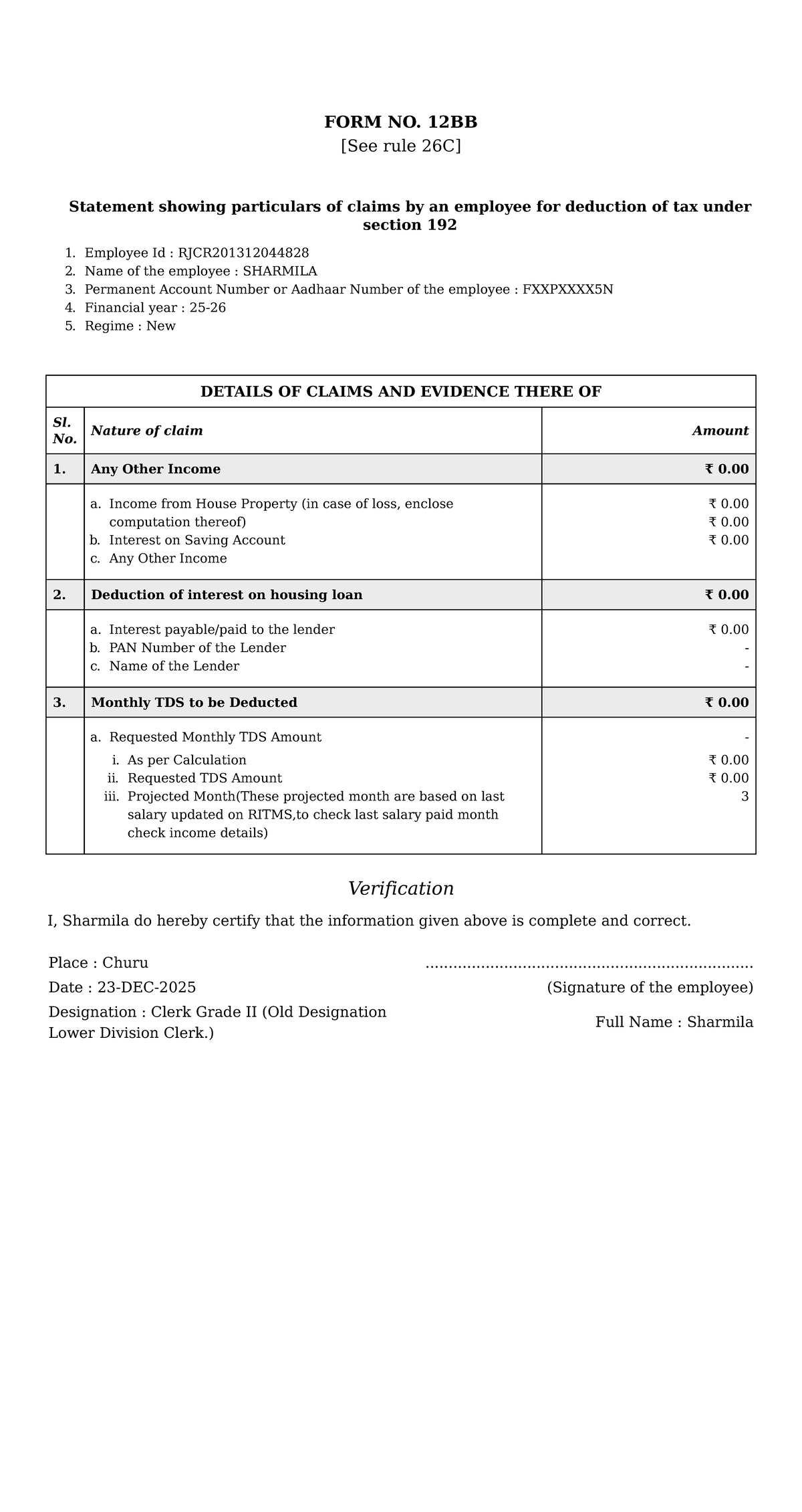 FORM NO. 12BB: Employee Tax Deduction Claims for RJCR2013 - Studocu