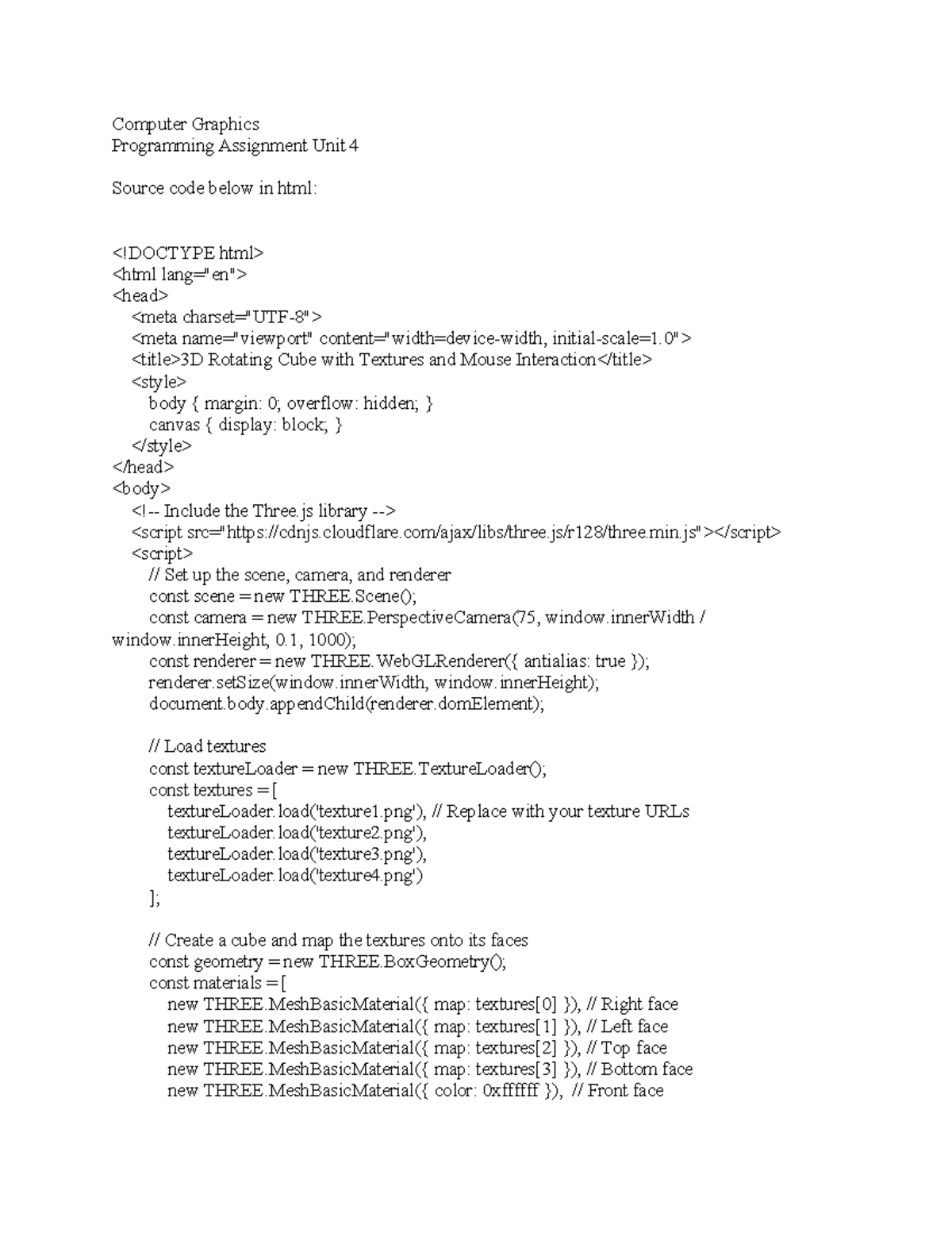 Programming Assignment 4: 3D Cube with Textures & Interaction - Studocu