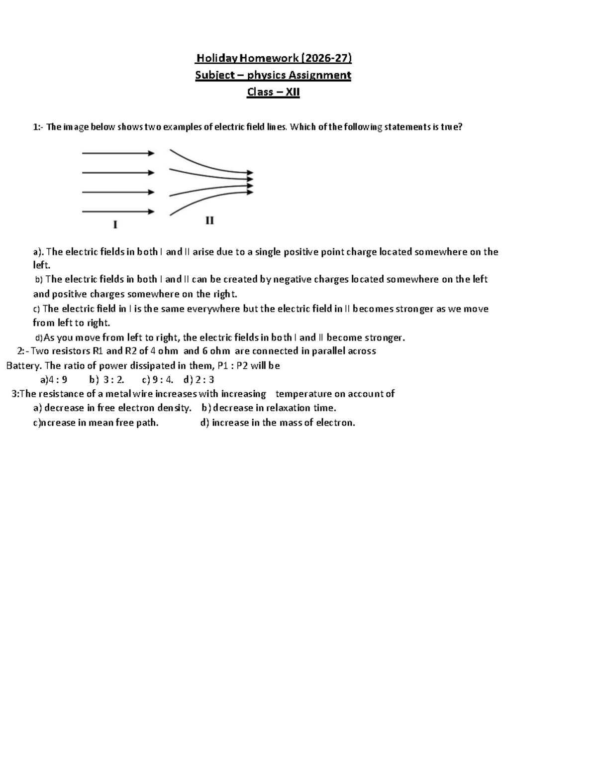 Physics Holiday Homework Assignment Class XII: Electric Fields ...
