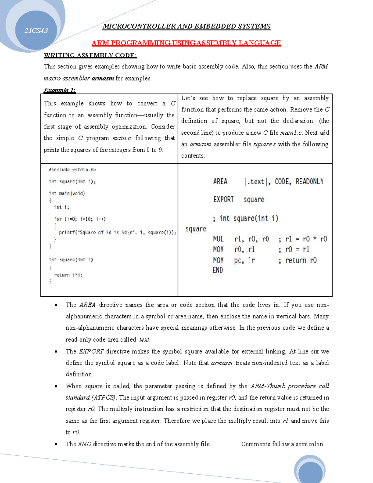 21CS43 M3 - ARM Assembly Programming and Optimization Notes - Studocu