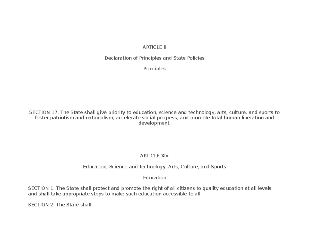 Constitution Article II: Principles, Education, Science, Arts ...