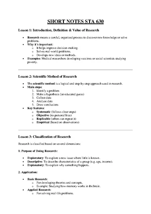 Short Notes on STA 630: Research Fundamentals and Methodologies - Studocu