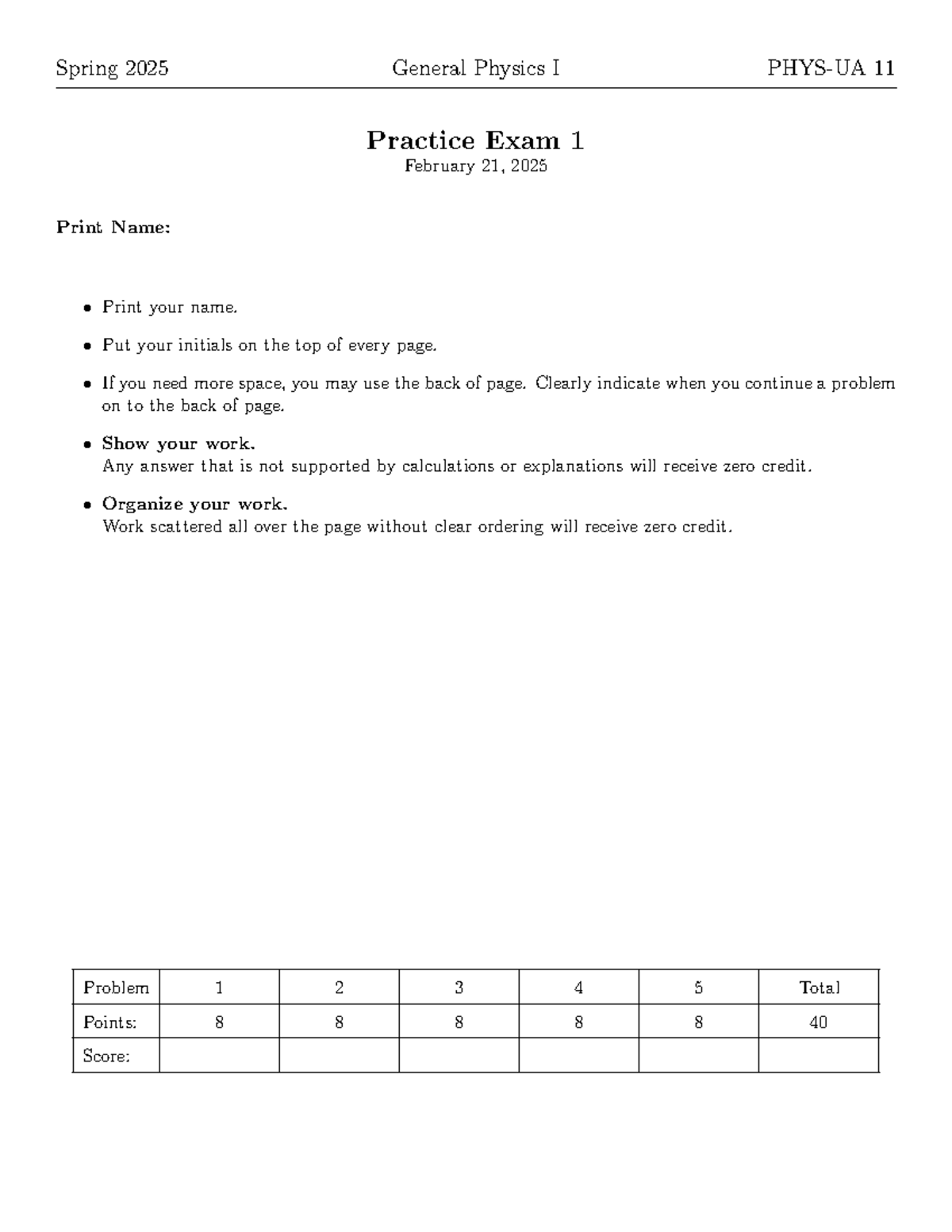 Spring 2025 General Physics I (PHYS 101) Practice Exam 1 - Studocu