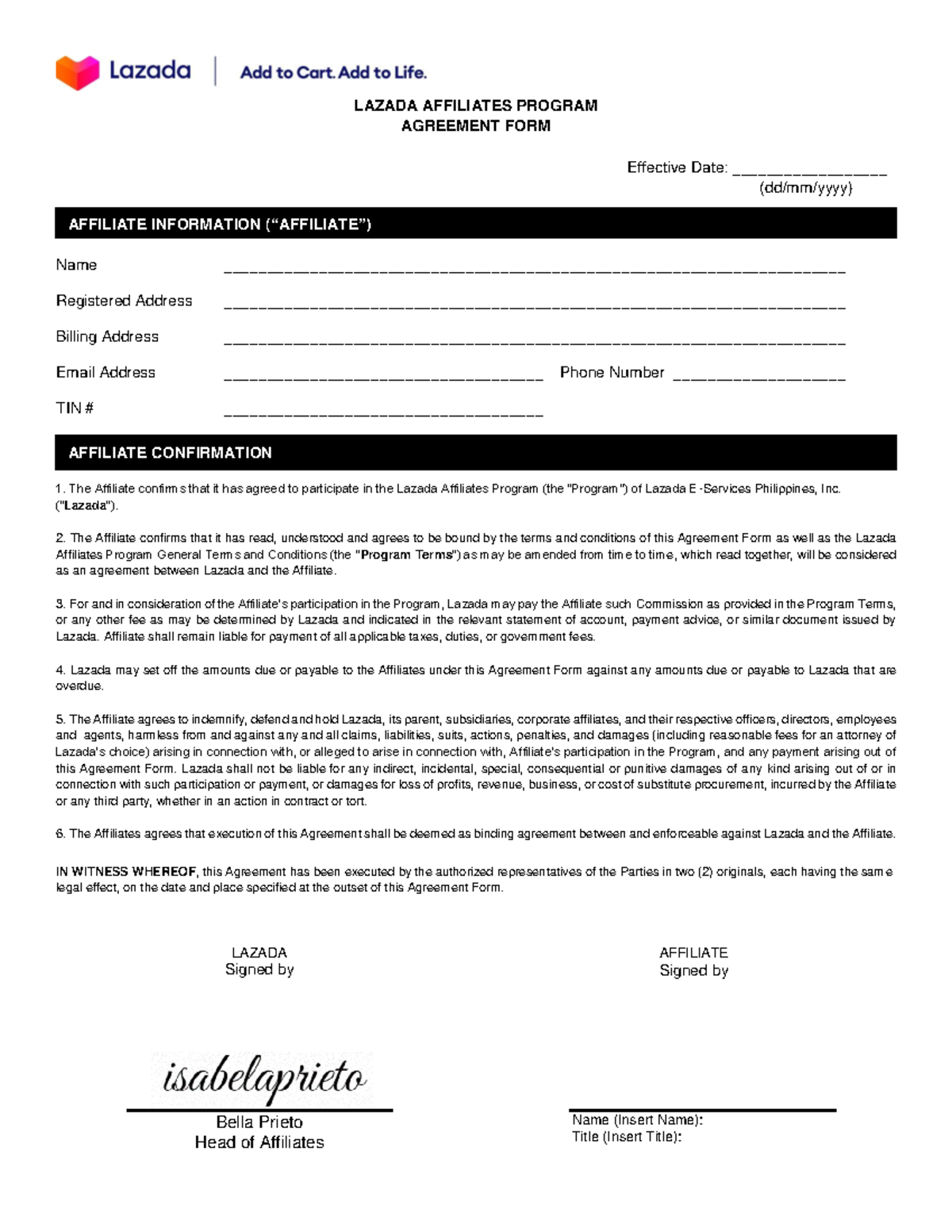 Lazada Affiliates Program Agreement Form - Confirmation Document - Studocu