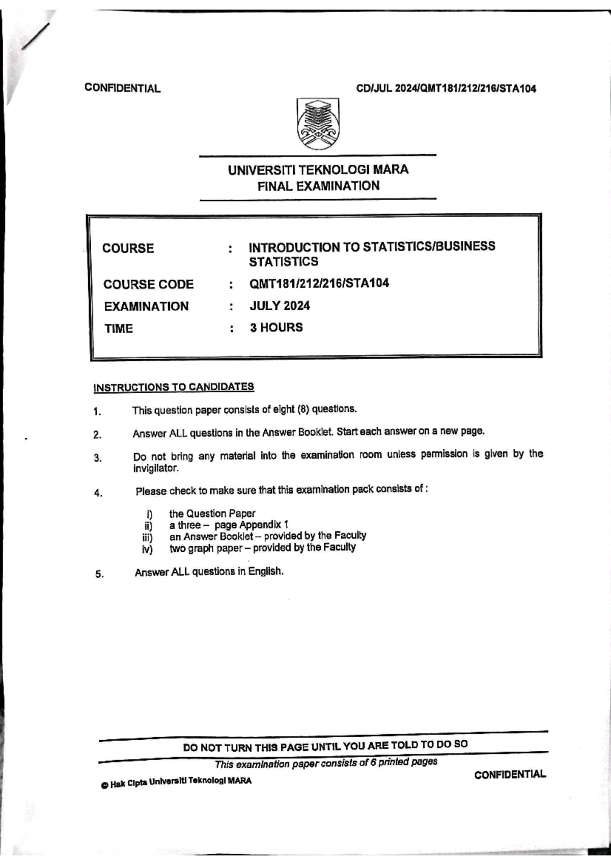 Final Exam STA104: Introduction to Statistics July 2024 - Studocu