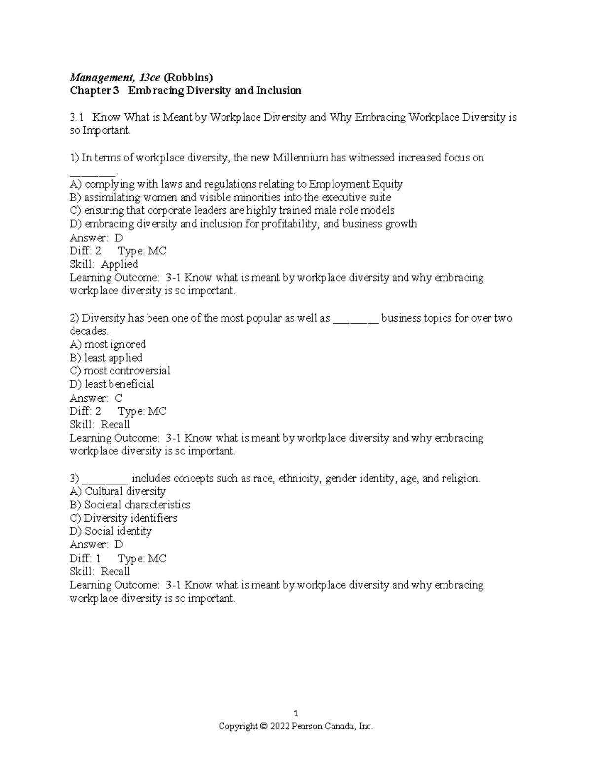 Management 13ce (Robbins) Chapter 3: Embracing Diversity & Inclusion ...