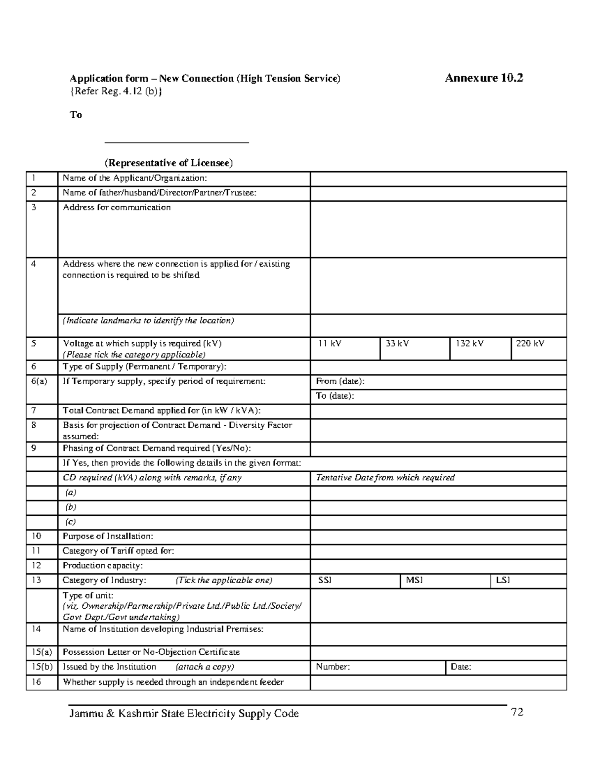 Application Form for New High Tension Connection - Annexure 10.2 - Studocu