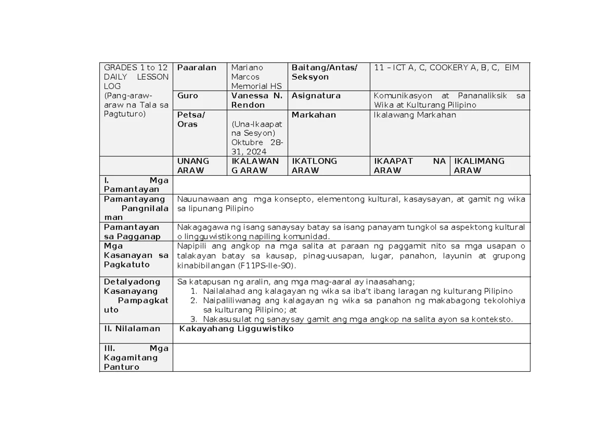 BUWAN LAYUNIN: Action Plan for Filipino Programs (SAMAFIL) - Studocu