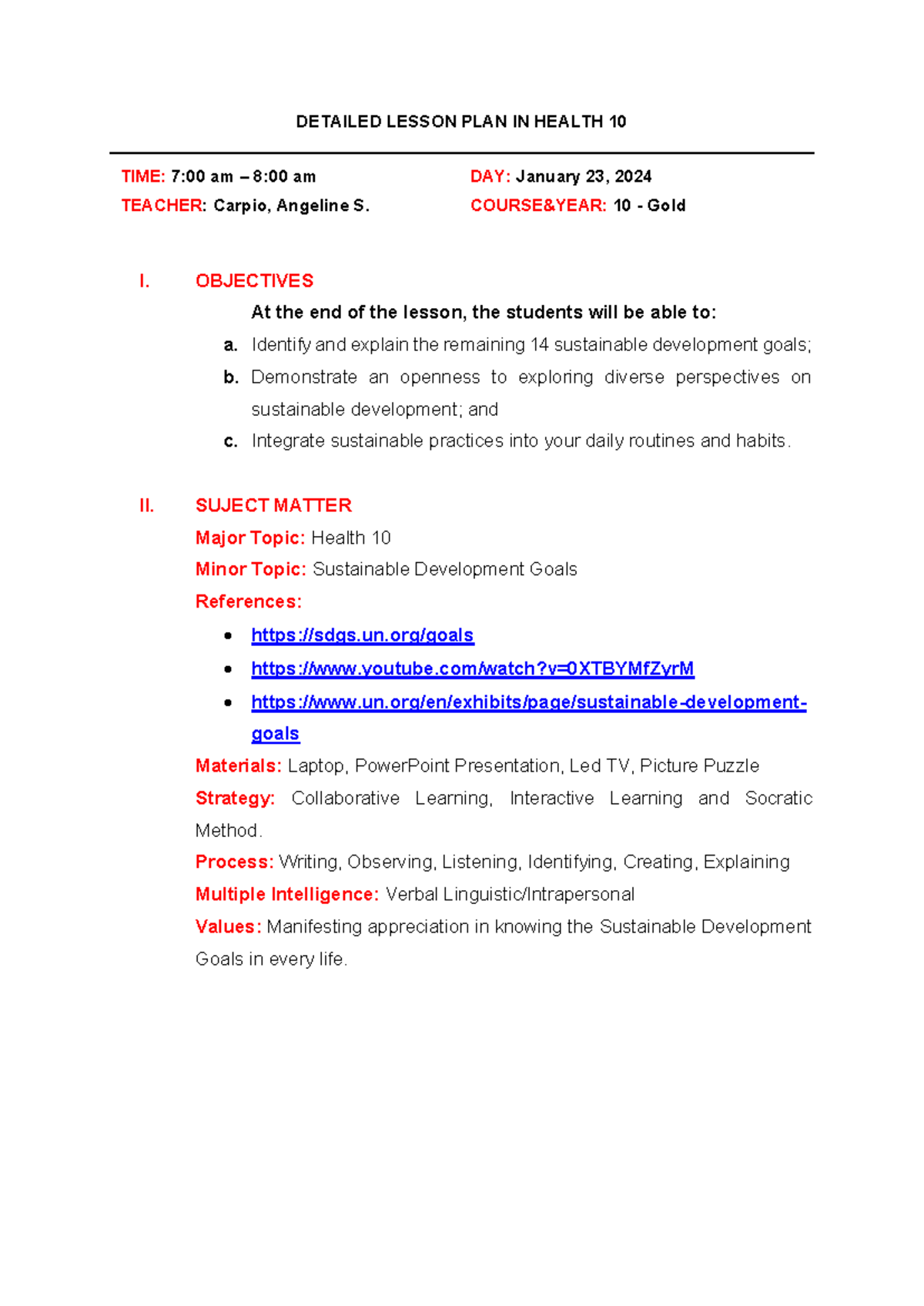 Health 10 - Sustainable Development PLAN - DETAILED LESSON PLAN IN ...