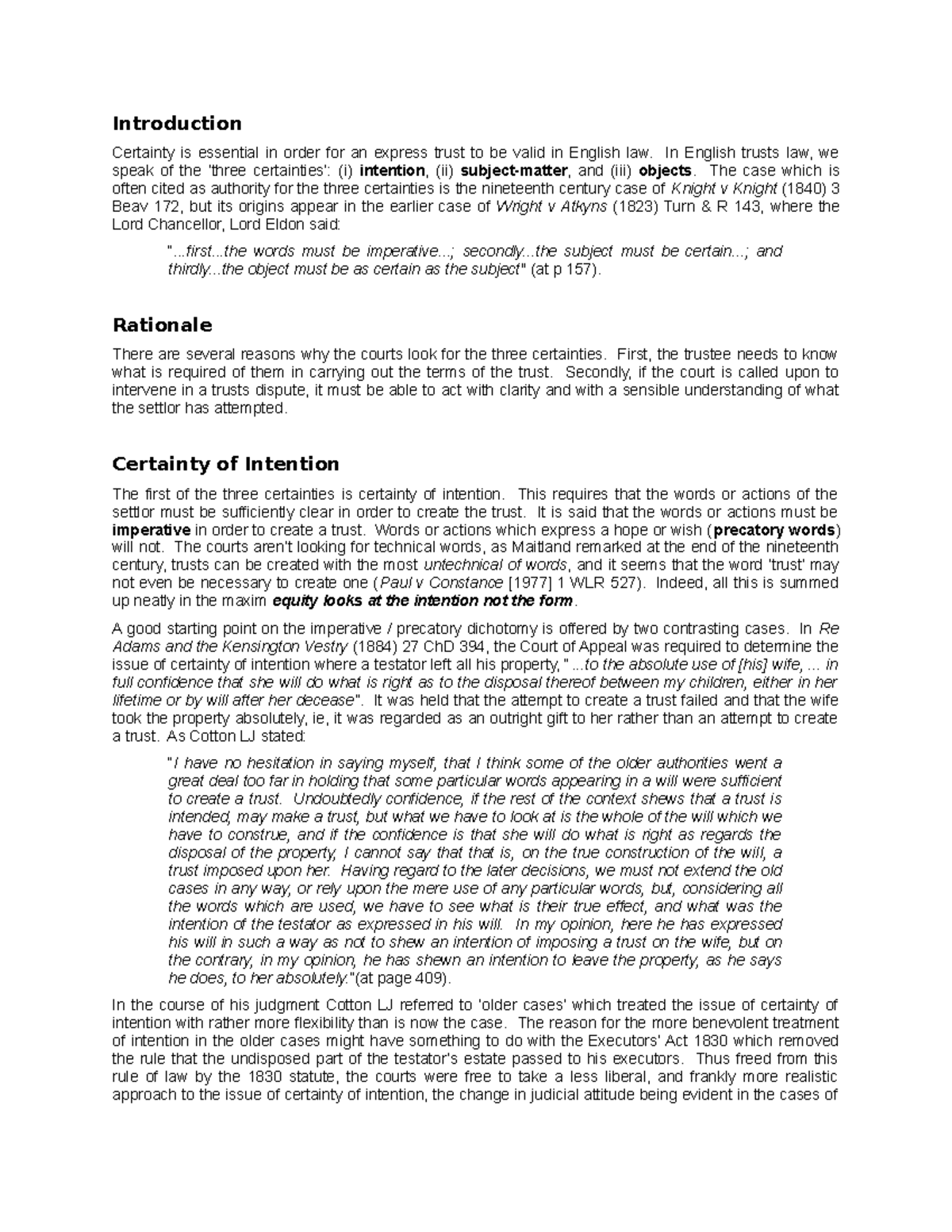 Trusts Law: Certainty of Intention in English Law (Law 101) - Studocu