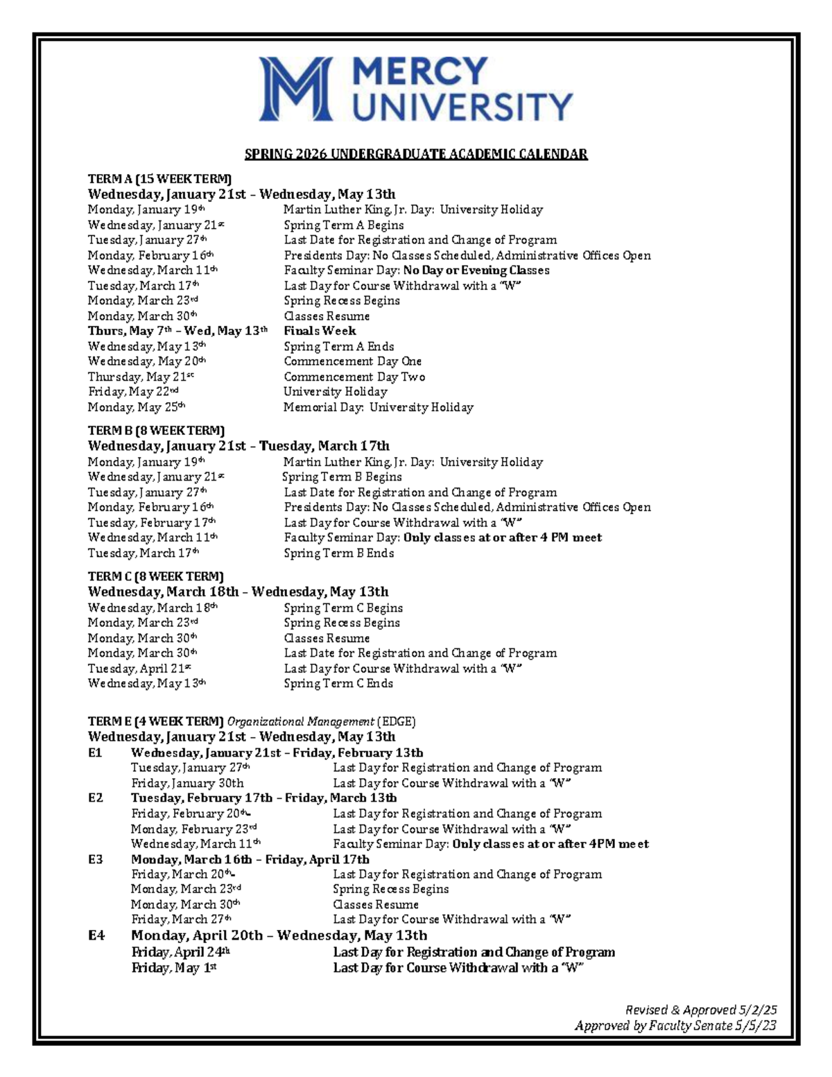 Spring 2026 UG Academic Calendar: Term A, B, C, and E Details - Studocu