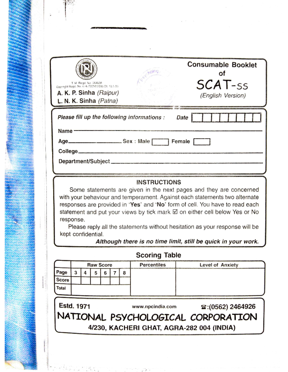 SCAT Questionnaire - Consumable Booklet of TM Regd No 564838 Copyright ...