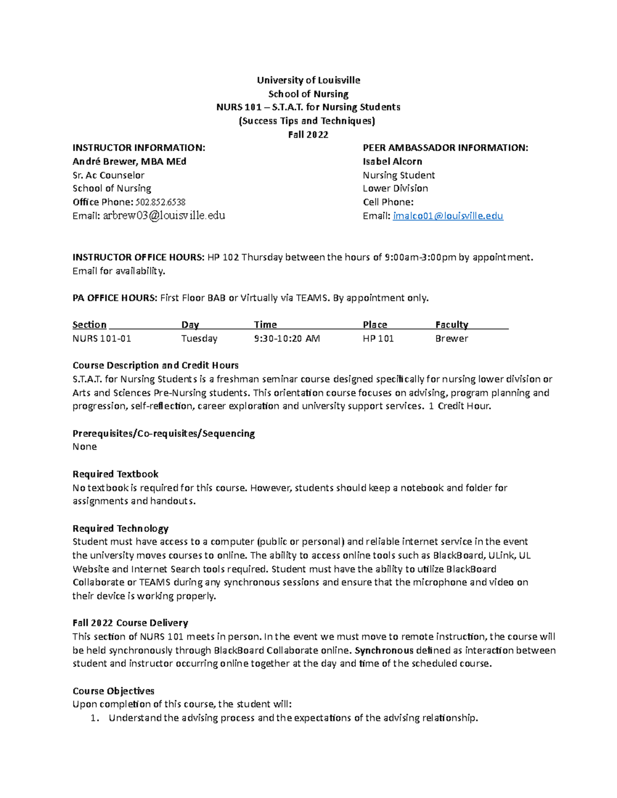 NURS101 Syllabus - Success Tips & Techniques for Nursing Students - Studocu