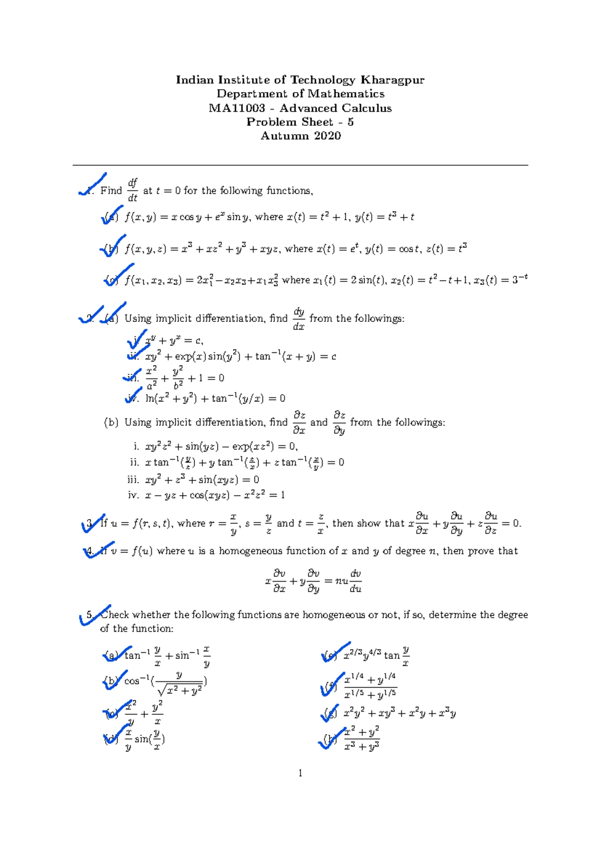 MA11003 - Advanced Calculus Problem Sheet 1 - Autumn 2020 - Studocu