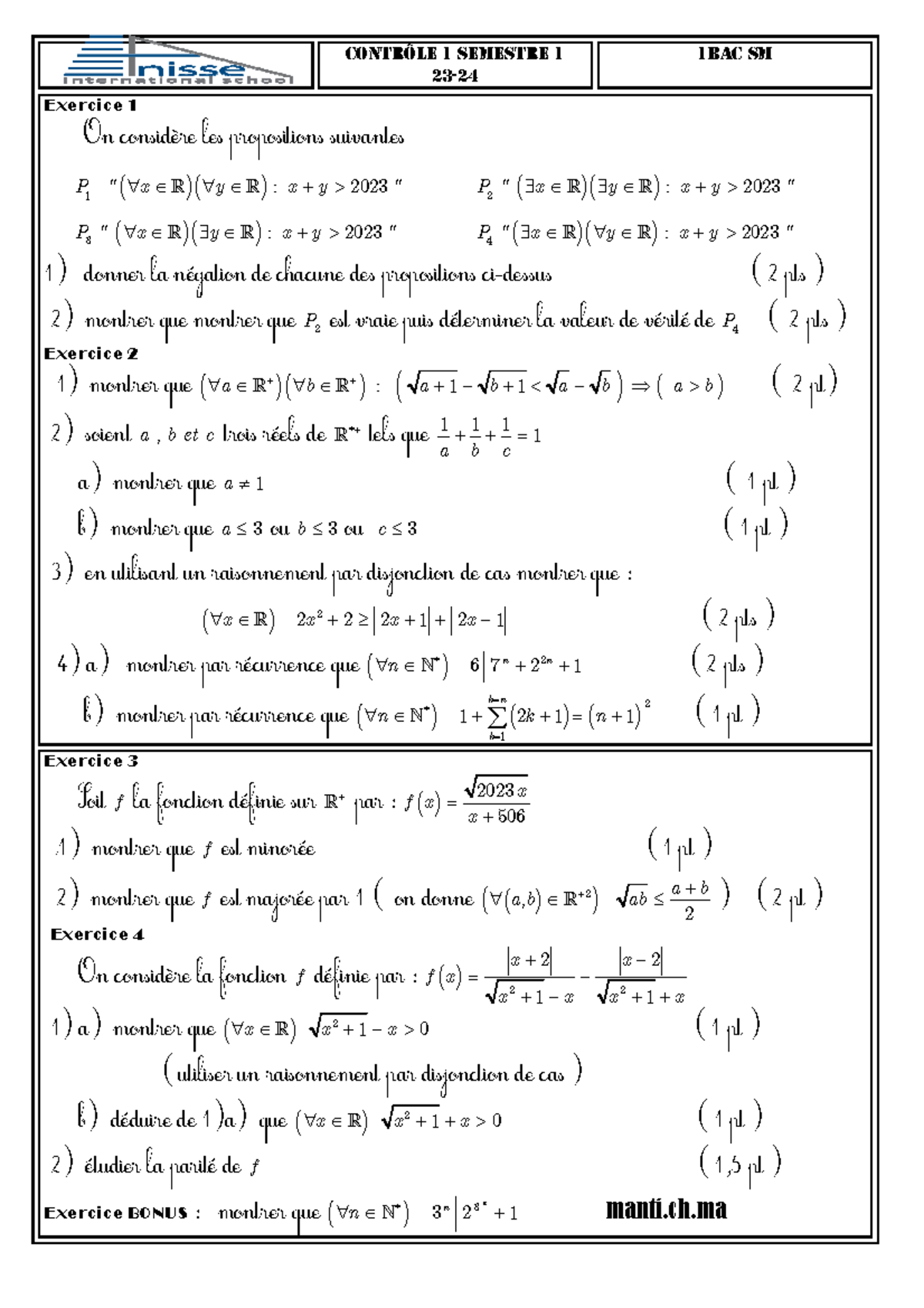 Maths 1SMSem 123-24 - Contrôle S1 Math Exam 2024-2025 - Studocu