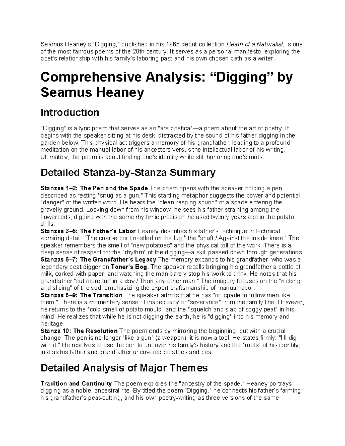 Digging (ENG 101) - Comprehensive Analysis of Heaney's Poem - Studocu