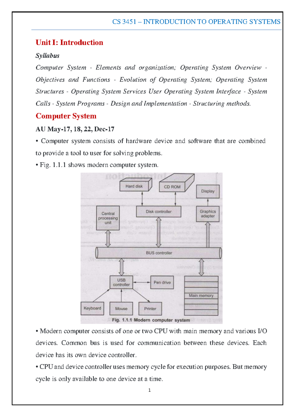 CS 3451 INTRODUCTION TO OPERATING SYSTEMS Unit I: Lecture Notes on OS ...