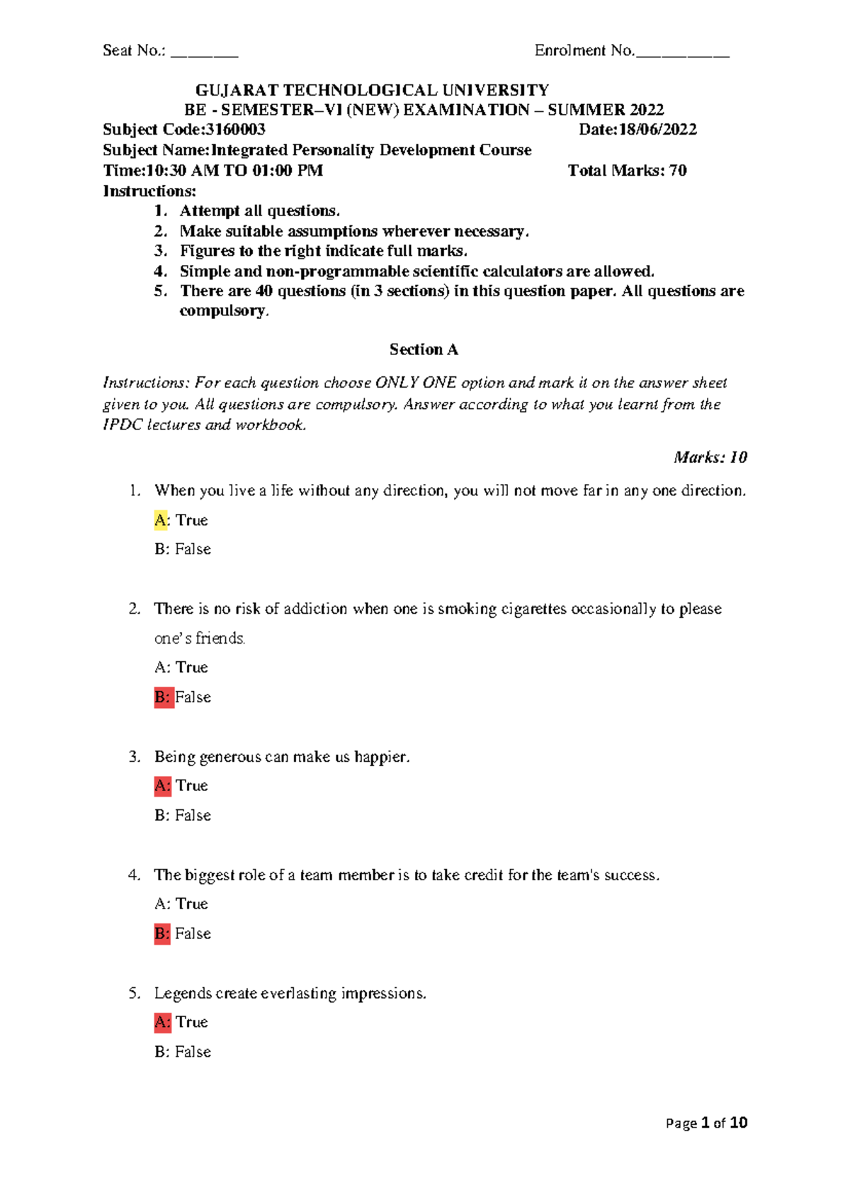 IPDC S-2022: Integrated Personality Development Exam Paper - Studocu