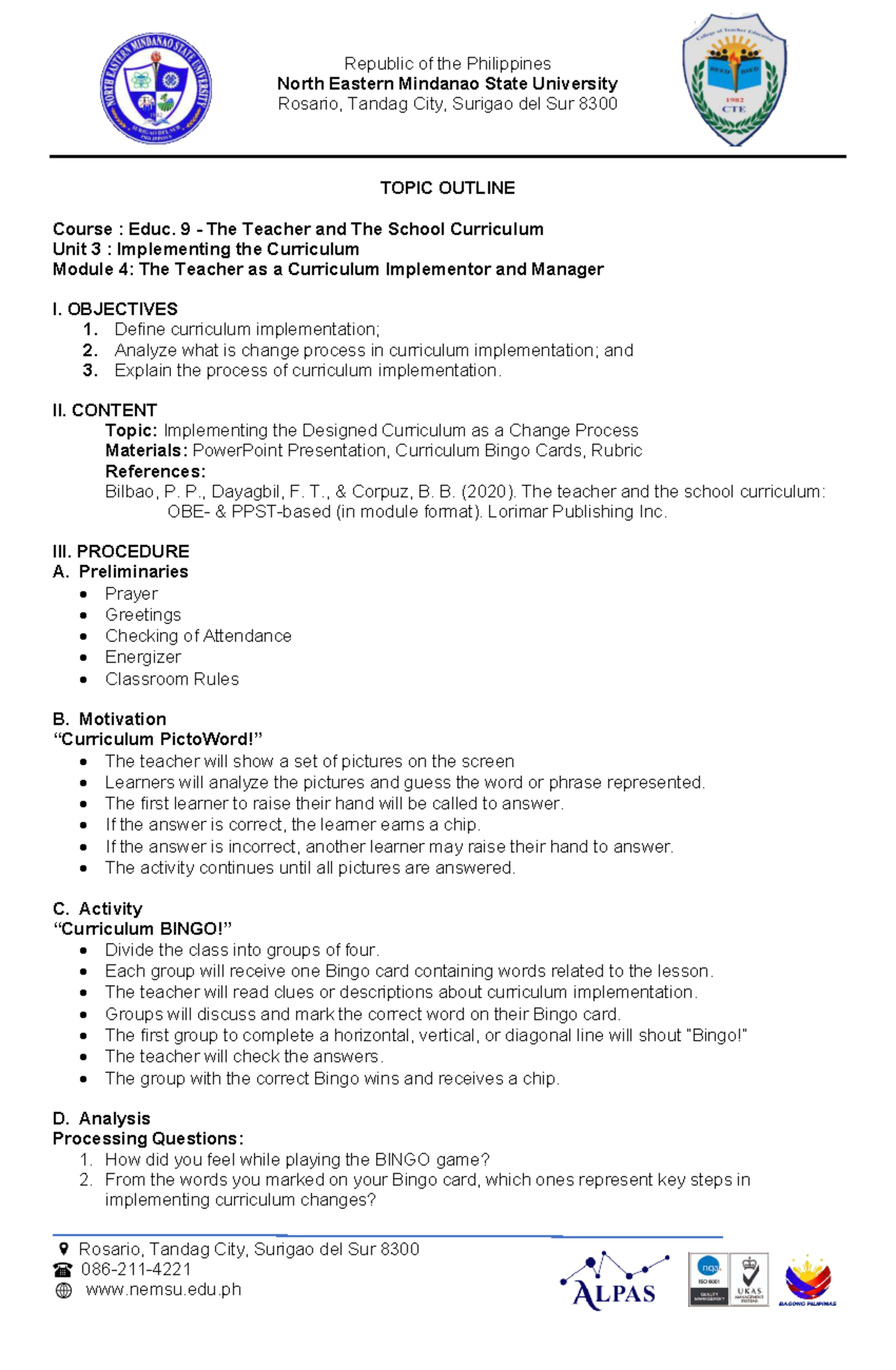 Educ. 9 Unit 3 Module 4: Curriculum Implementation Overview - Studocu