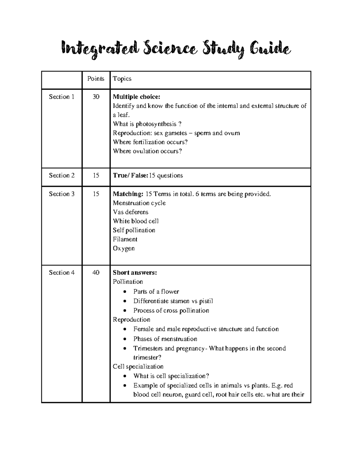 Integrated Science Study Guide: Photosynthesis & Reproduction (IS101 ...