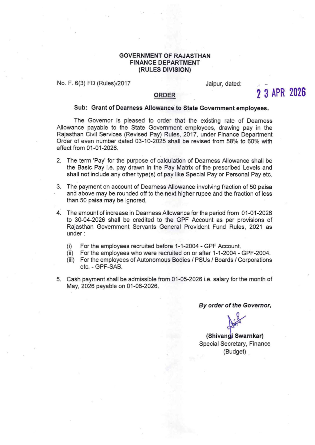 Rajasthan Finance Dept Order: Dearness Allowance Update 2026 - Studocu
