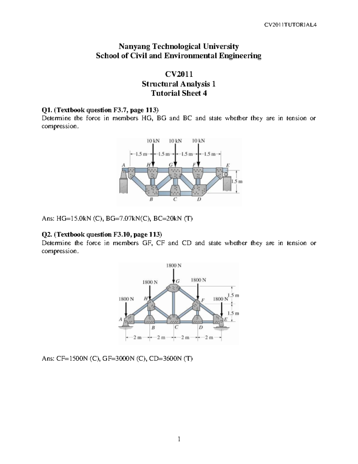 CV2011 Structural Analysis 1 Tutorial Sheet 4 Solutions - Studocu