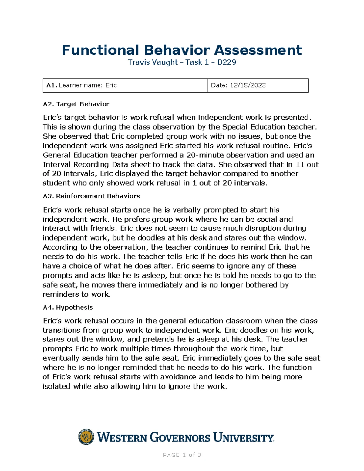 D299 Task 1 - Functional Behavior Assessment & Improvement Plan - Studocu