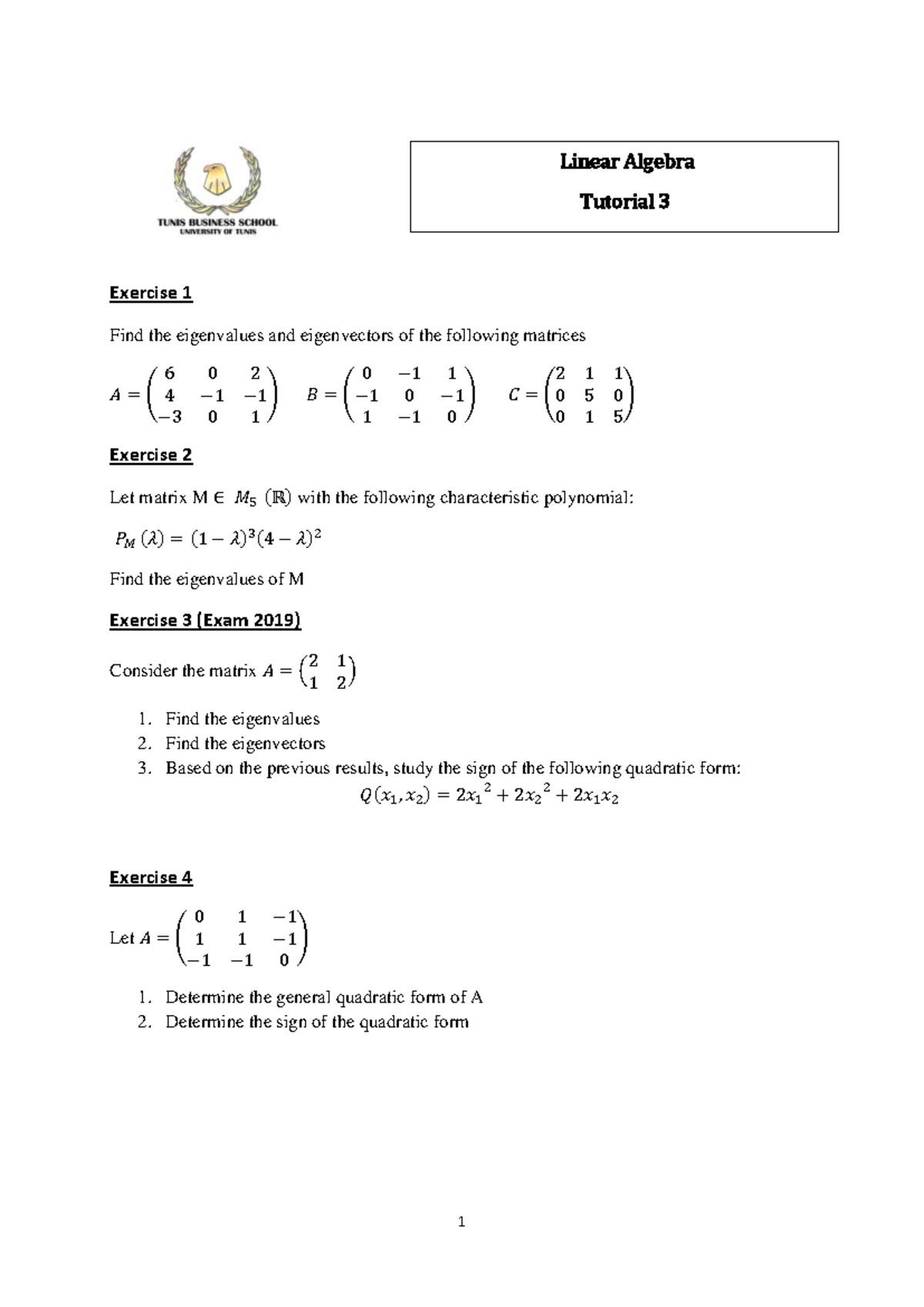 LA tutorial 3 - tuto - 1 Exercise 1 Find the eigenvalues and ...