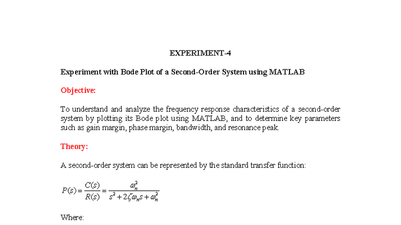 Experiment-4: Bode Plot Analysis of System Using MATLAB - Studocu