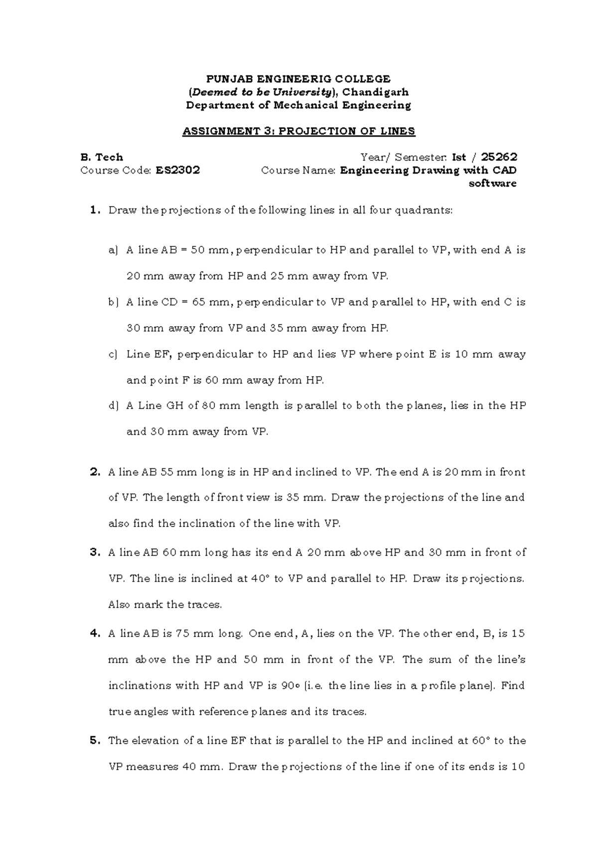 Assignment 3: Projections of Lines - B. Tech ES2302 - Studocu