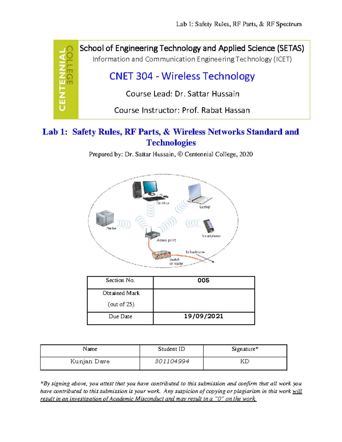 CNET304 Lab 1 Lab Safety, RF Parts, & Wireless Networks Standards and ...