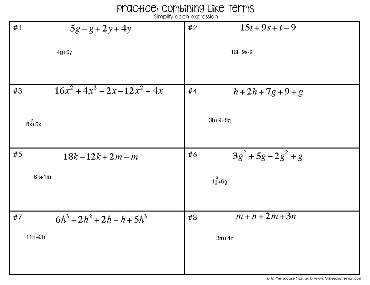 Combining Like Terms - calm luh assignment - © To the Square Inch, 2017 ...