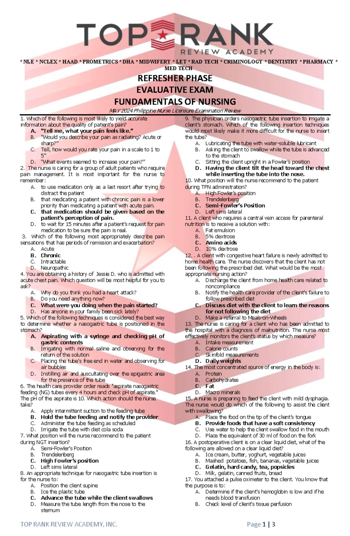 EVAL EXAM - FUNDAMENTALS OF NURSING (MAY 2024 REVIEW) - Document Preview