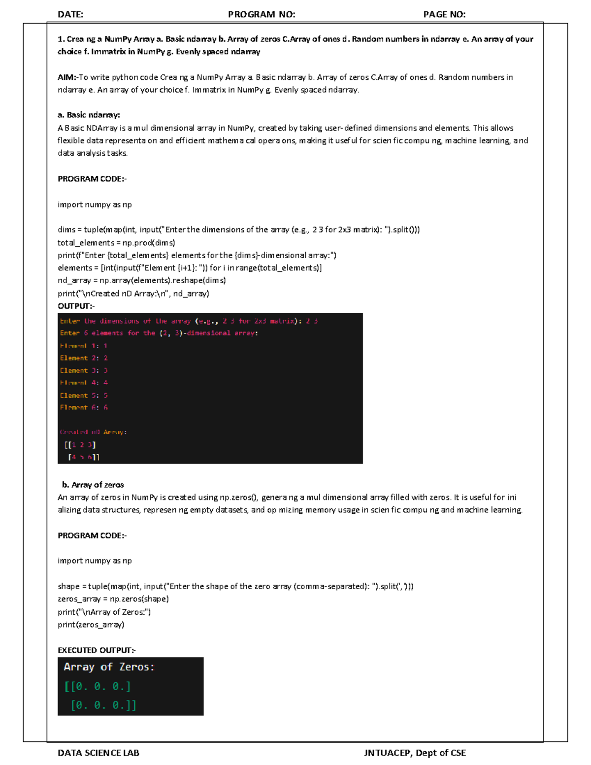 Creating and Manipulating NumPy Arrays: DS Lab JNTUACEP - Studocu