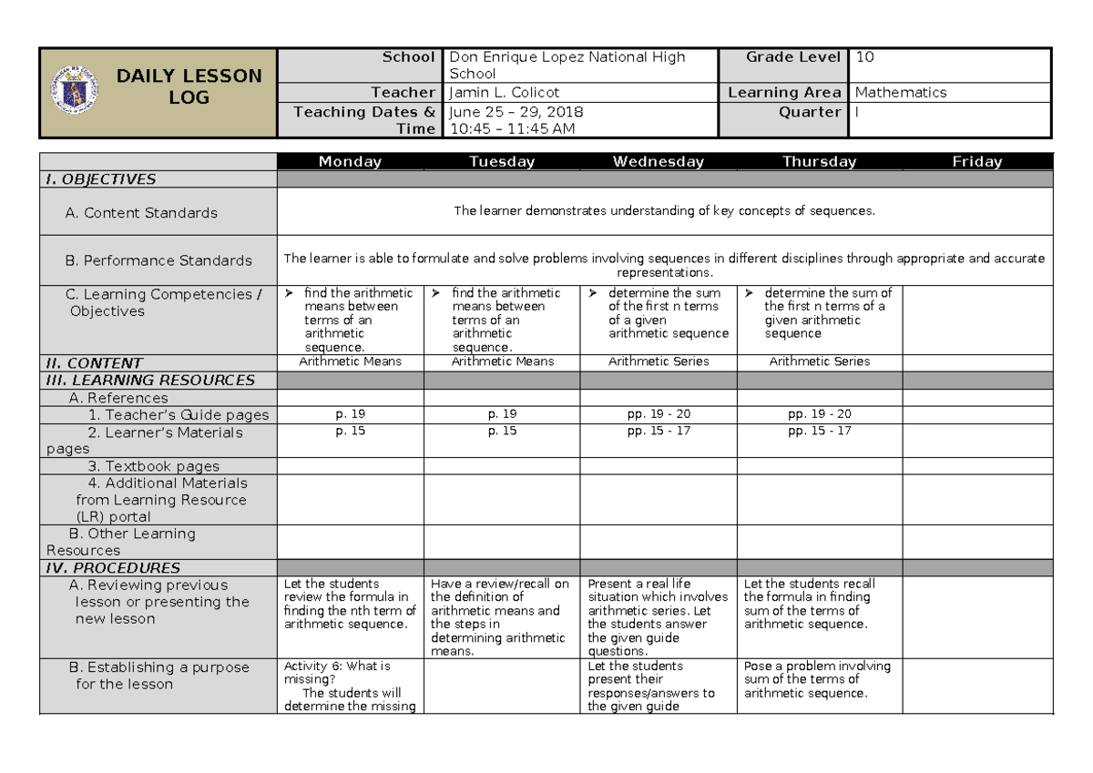 Sample Grade 10 DLL Q1W3: Understanding Arithmetic Sequences - Studocu
