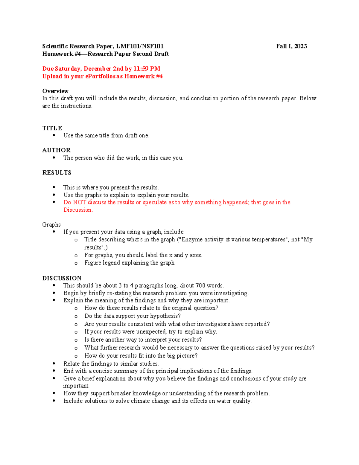 Homework 4: Research Paper Second Draft Instructions LMF101/NSF101 ...
