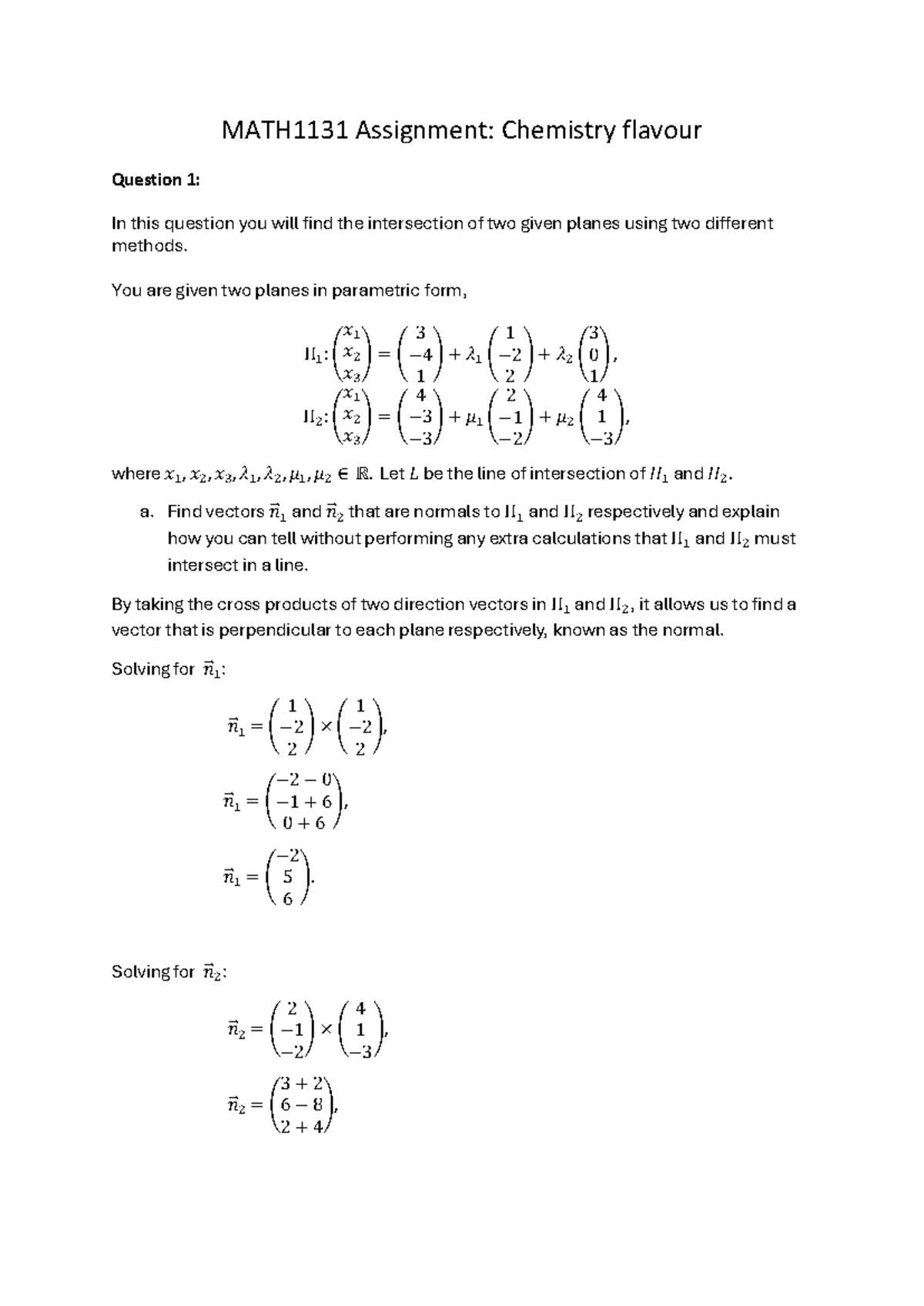 MATH1131 Assignment: Intersection of Planes and Molecular Forces - Studocu
