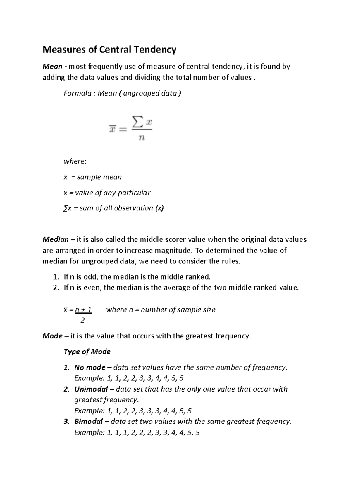 Measures of Central Tendency (Ungrouped Data) - Measures of Central ...