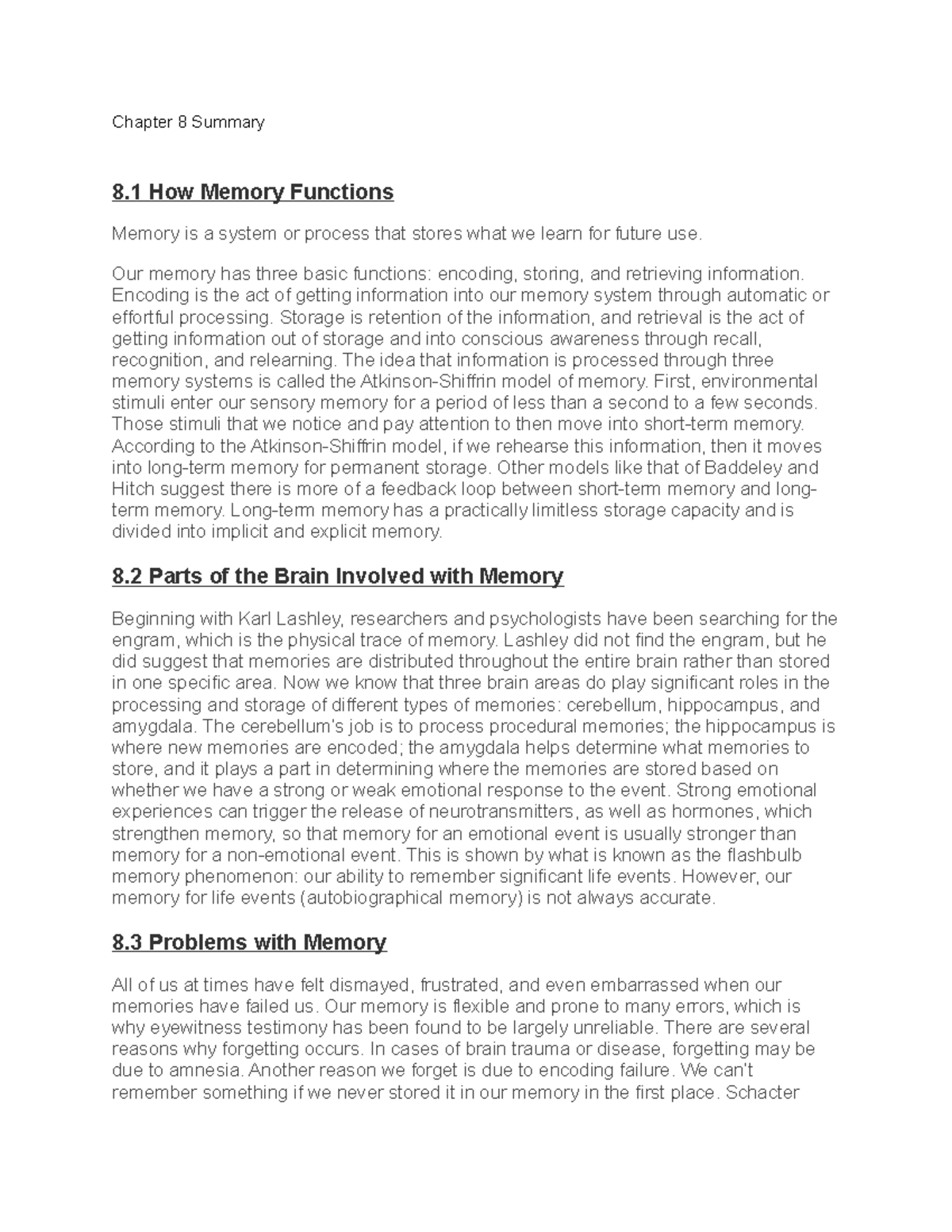 Chapter 8 Summary - Memory Functions and Enhancement in Psychology ...