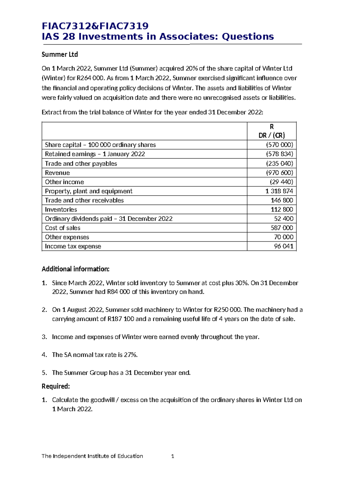 FIAC7312 Group Accounting Practice Questions: Summer Ltd Case Study ...