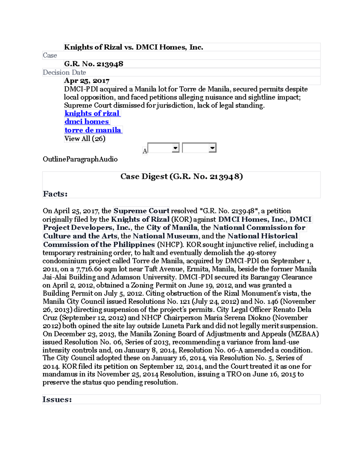 Case Digest: Knights of Rizal vs. DMCI Homes, Inc. G.R. No. 213948 ...