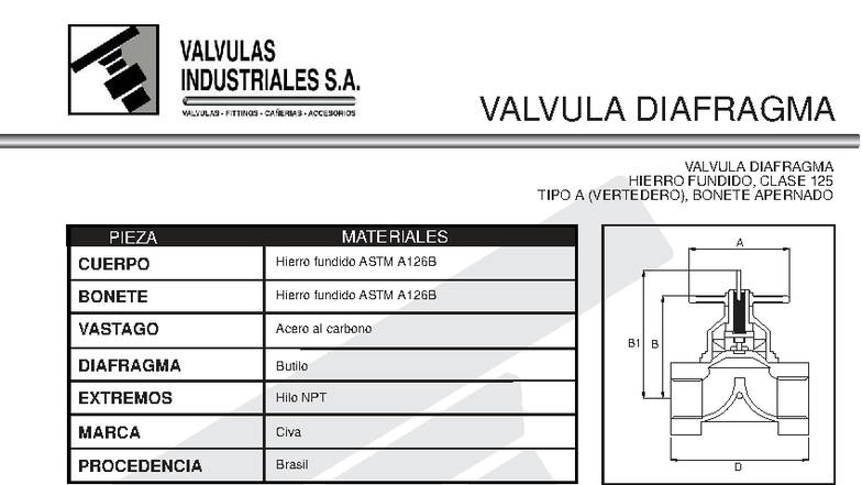 VALVULA DIAFRAGMA HIERRO FUNDIDO CLASE 125 TIPO A (VERTEDERO) - Studocu