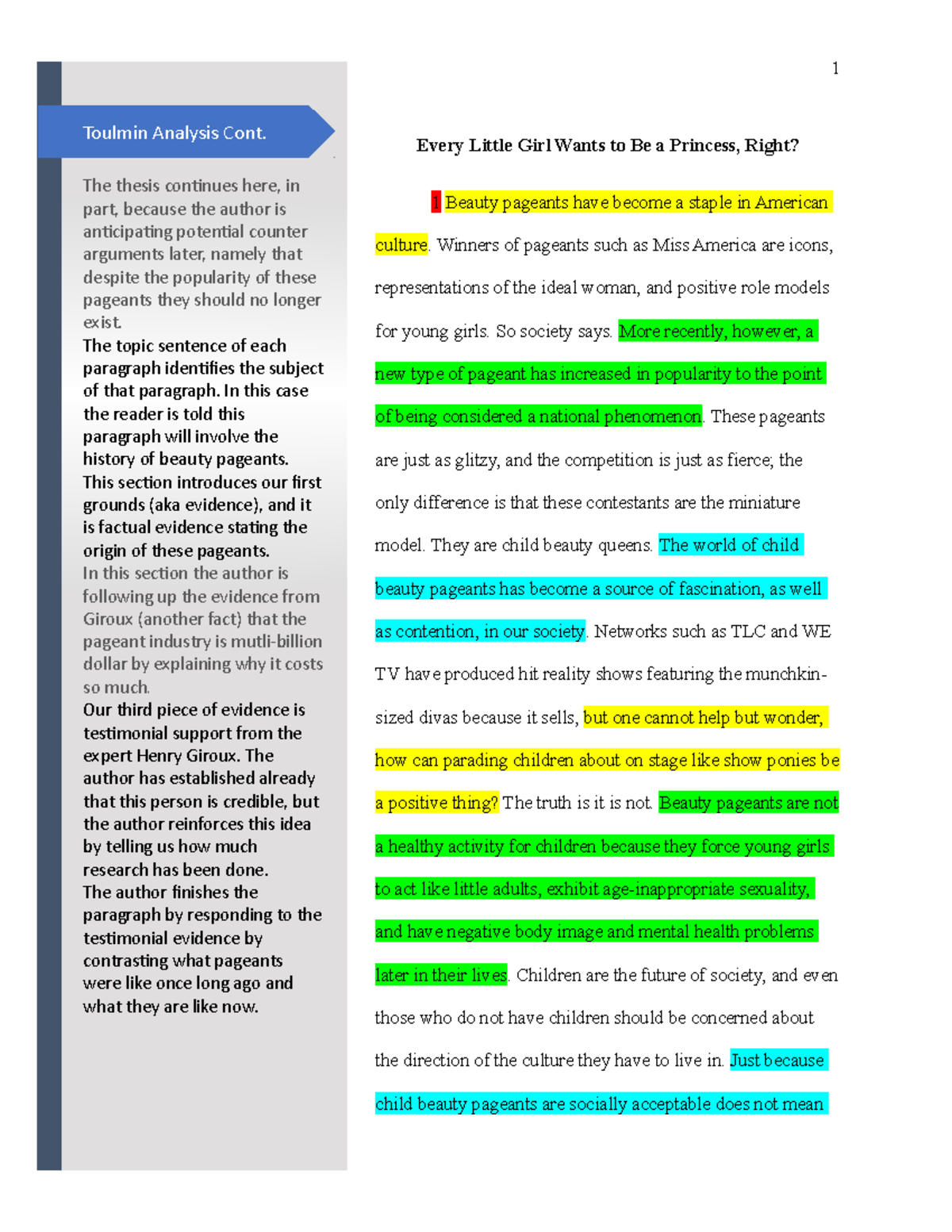 Sample Toulmin Model Essay-Analyzed - Every Little Girl Wants to Be a  Princess, Right? 1 Beauty - Studocu