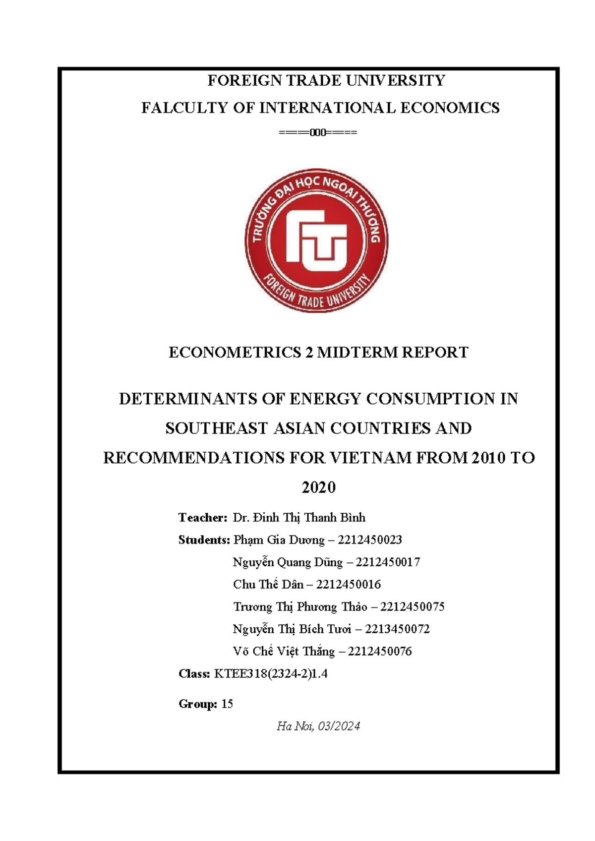 Econometrics 2 Midterm Report: Energy Consumption in Southeast Asia ...