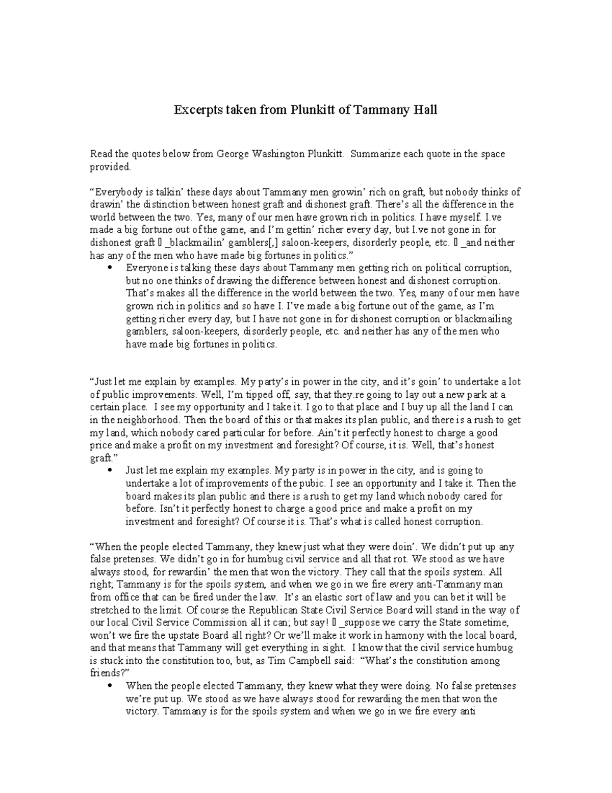 Excerpts taken from Plunkitt of Tammany Hall copy copy - Excerpts taken ...